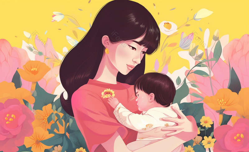 年轻的母亲带着孩子卡通剪纸风花朵粉色母亲节插画原创海报广告图,插画/手绘图,插画/手绘图库,插画/手绘图下载,插画/手绘